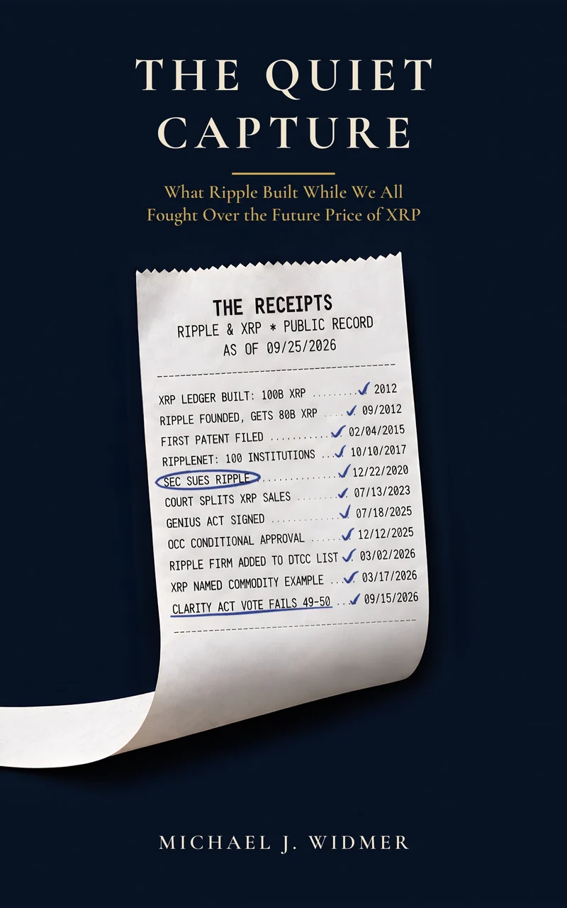 Cover of The Quiet Capture by Michael J. Widmer: a long paper receipt on navy, titled The Receipts, Ripple and XRP public record, with eleven dated entries checked in blue pen.